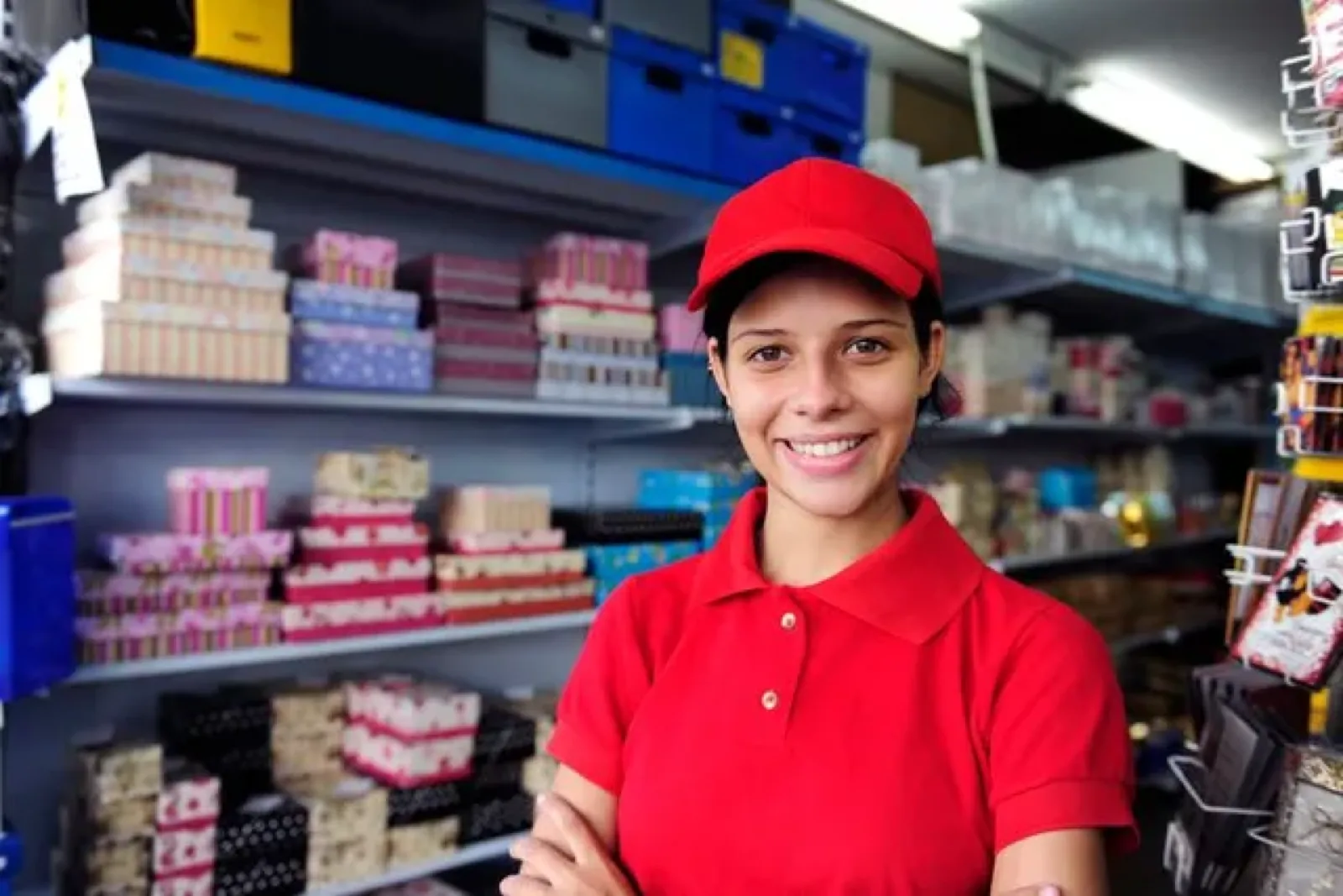 A smiling young retail worker in a red uniform